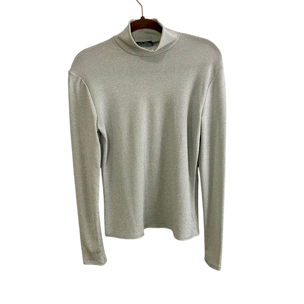 NWOT Vintage 90s Silver Mesa Metallic Slinky Knit Mock Neck Top Medium Silver